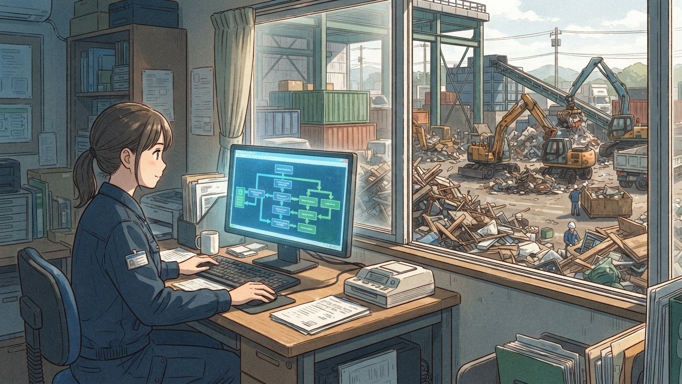 リサイクル現場の事務所で、業務フローを画面で確認する作業員。窓の外には重機が動く現場が見える